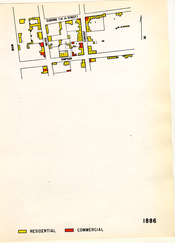 This sequence of maps (Figs. 2.2 to 2.6) shows the built up
				portion of the study area as recorded by the Sanborn Company from 1886 to 
				the present. In their original form, the Sanborn Maps reveal plans of 
				buildings according to materials of construction and note the functions 
				contained. Prominent structures are labeled, and other information vital 
				to insurance records is recorded. The maps are remarkably accurate as to 
				the configuration of the buildings and their location on the site.
			 