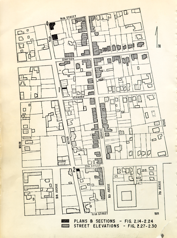 Fig. 2.26 - Location of buildings recorded with measured plans and
				sections, and with block elevations. (Numbers on the map refer to plan types in
		  Figures 2.13 to 2.24.)